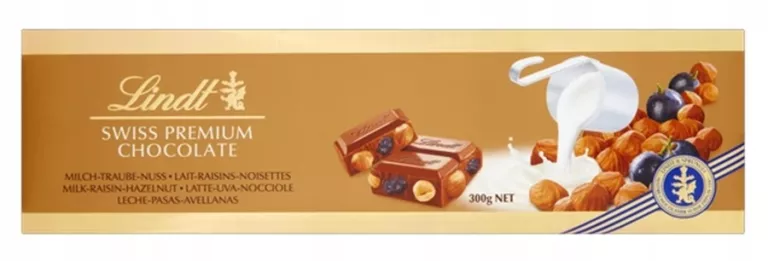 LINDT CZEKOLADA MLECZNA Z RODZYNKAMI I ORZECHAMI LASKOWYMI 300 G