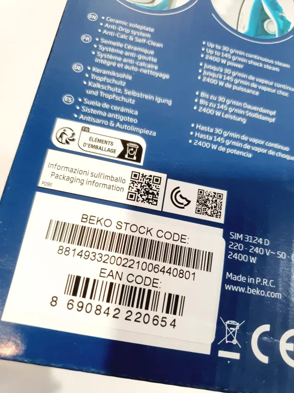 ŻELAZKO PAROWE BEKO SIM3124D 2400W BIAŁO-TURKUSOWE