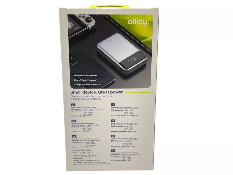 ALLITY POWERBANK DO LAPTOPA MOC 130W 19200MAH USB-C ALUMINIOWA OBUDOWA