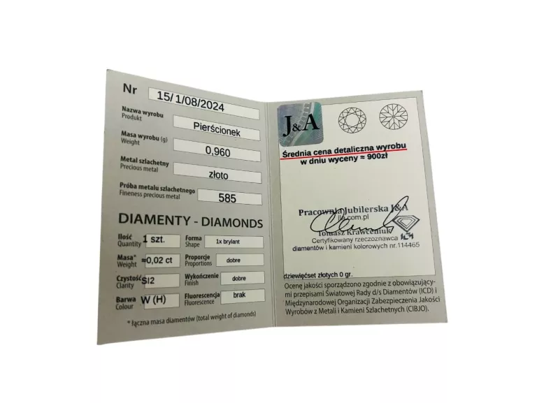 ZŁOTY PIERŚCIONEK Z BRYLANTEM 0,02CT PRÓBA 585 WAGA 0,96G ROZMIAR 12
