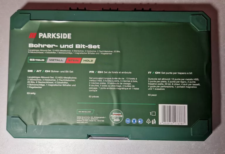 PARKSIDE ZESTAW WIERTEŁ I BITÓW 63 ELEMENTY UNIWERSALNY WALIZKA