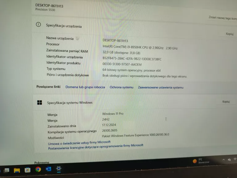 LAPTOP DELL PRECISION 5530 I9-8950HK 32GB 1TB NVME NVIDIA P2000 15,6" W11