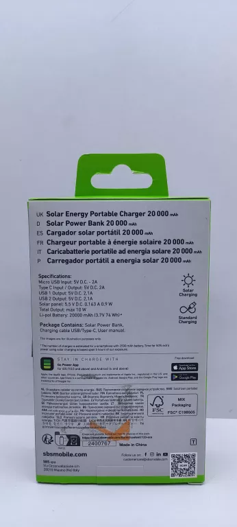 POWERBANK SOLARNY SBS TTBB20000SK 20000 MAH 10W