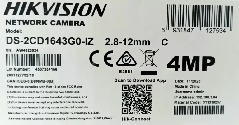 KAMERA IP HIKVISION DS-2CD1643G0-IZ