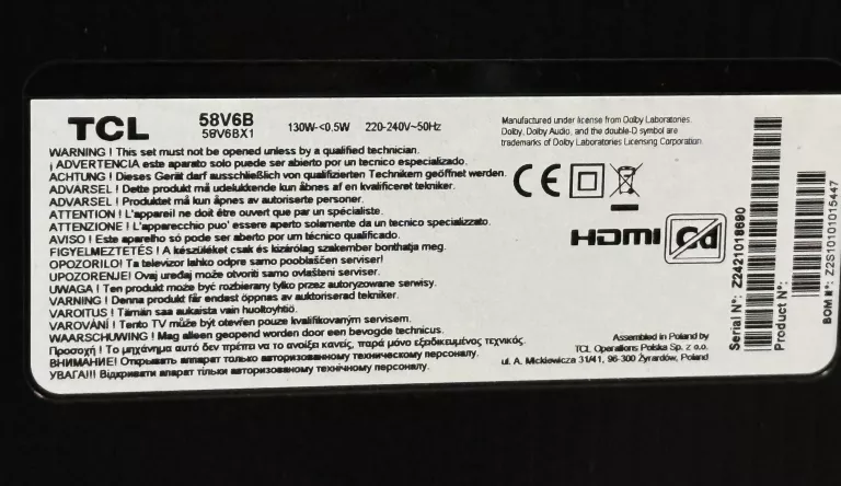 TELEWIZOR TCL 58V6B - 58'' LED 4K HDR SMART TV - GW 10.2026