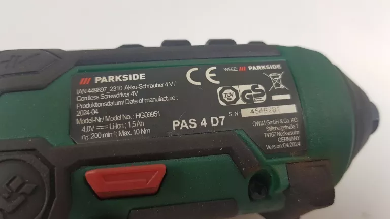 AKUMULATOROWA WKRĘTARKA 4 V, PARKSIDE PAS 4 D7