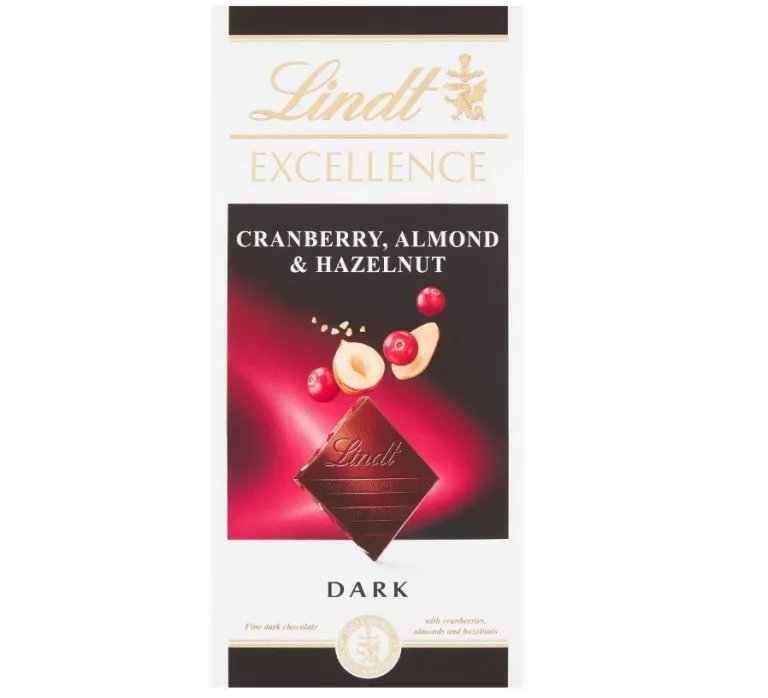 LINDT EXCELLENCE CZEKOLADA GORZKA ŻURAWINA ORZECH LASKOWY MIGDAŁY DARK 100