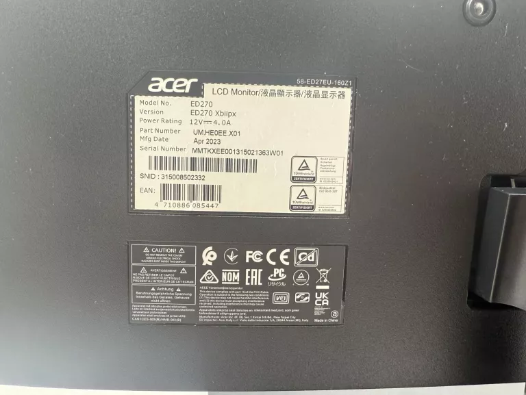 ZAKRZYWIONY MONITOR GAMINGOWY 27 CALI ACER ED270X 1MS 240HZ HDMI DP