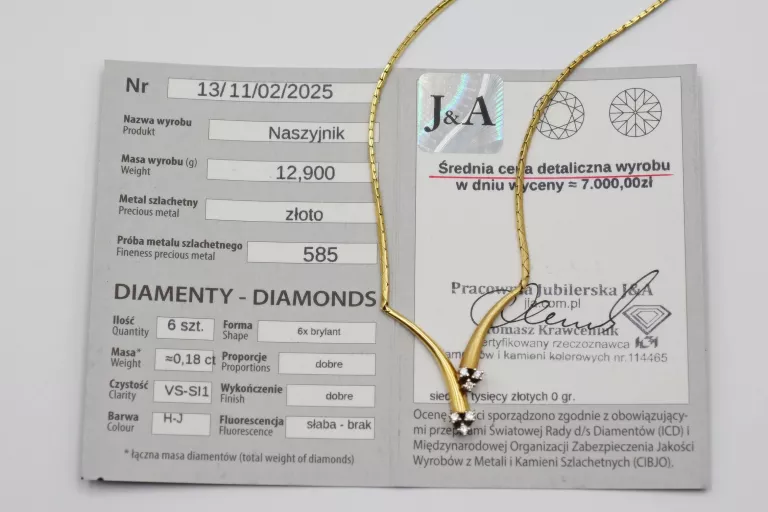 ZŁOTY NASZYJNIK Z BRYLANTAMI 6SZT. 0,18CT [585] 12,89G 40CM