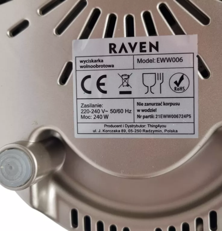 WYCISKARKA WOLNOOBROTOWA RAVEN EWW006 /OPIS