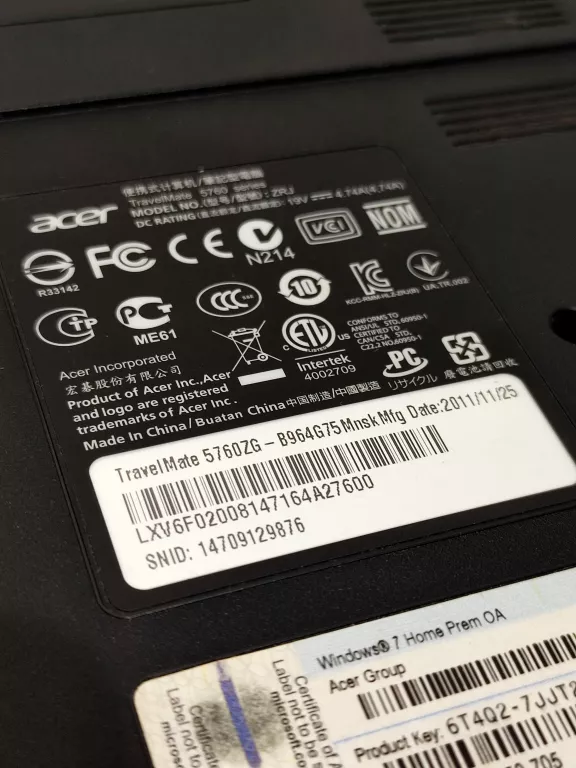 LAPTOP ACER TRAVELMATE 5760 INTEL PENTIUM CPU B960 2.20GHZ 6GB RAM 128 GB