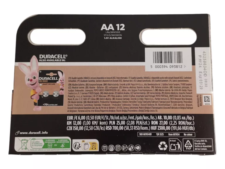 DURACELL BATERIE ALKALICZNE R6 AA 1,5V X12