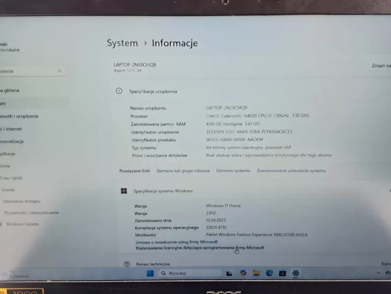 LAPTOP ACER ASPIRE 3 A315-34 15,6" N4020 4GB /128GB SSD WIN 11 KARTON