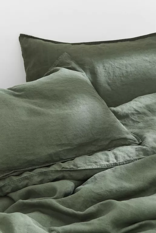 KOMPLET LNIANEJ POŚCIELI PODWÓJNEJ 200X220 + 2 X 50X60 ZIELONA H&M