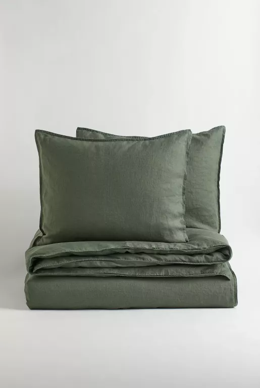 KOMPLET LNIANEJ POŚCIELI PODWÓJNEJ 200X220 + 2 X 50X60 ZIELONA H&M