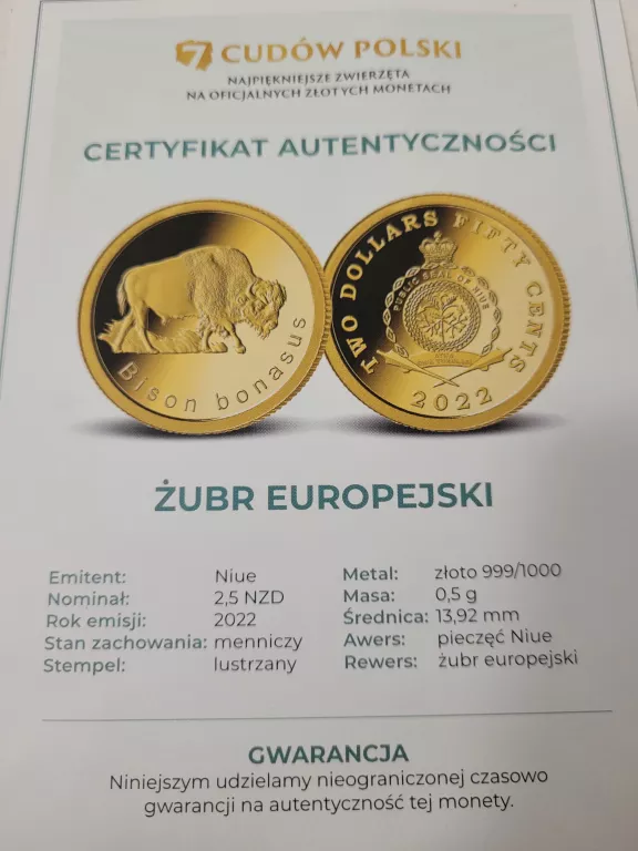ZŁOTA MONETA ŻUBR EUROPEJSKI 999