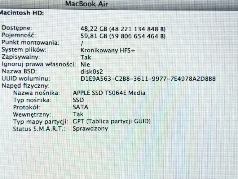 APPLE MACBOOK AIR 11,6" A1465 INTEL I5-5250U 4GB 60GB SSD1366X768