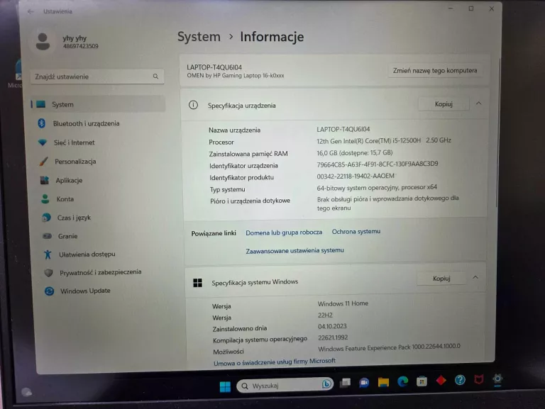 LAPTOP HP OMEN 16 K0750NW I5-12500H 16 RAM 500GB FV