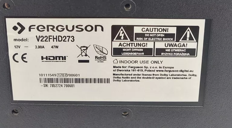 TELEWIZOR FERGUSON 22" V22FHD273 FULL HD 12V Z PILOTEM