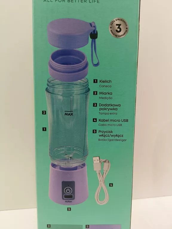 HOFFEN BLENDER PRZENOŚNY TURYSTYCZNY AKUMULATOROWY FIOLETOWY 60W 300 ML
