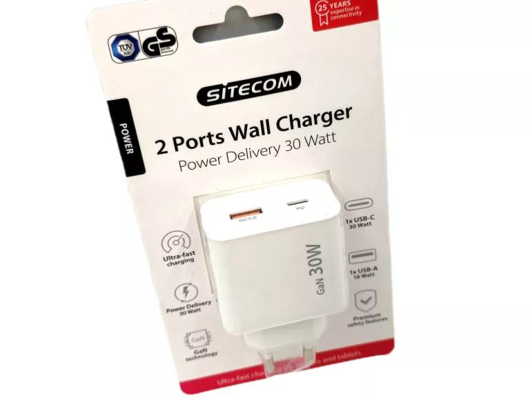 ADAPTER/ŁADOWARKA 2 PORTY SITECOM GAN TECH 30W BIAŁA USB QC