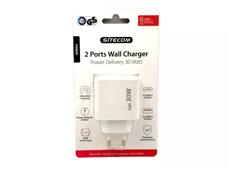 ADAPTER/ŁADOWARKA 2 PORTY SITECOM GAN TECH 30W BIAŁA USB QC