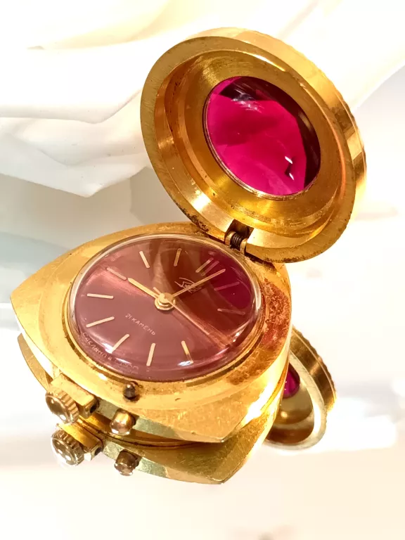RADZIECKI KIESZONKOWY ZEGAREK ZARIA 21 JEWELS ZŁOTY KOLOR RÓŻOWY KAMIEN