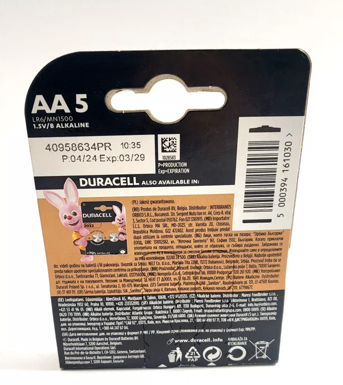 BATERIA ALKALICZNA DURACELL AA (R6) 5 SZT.