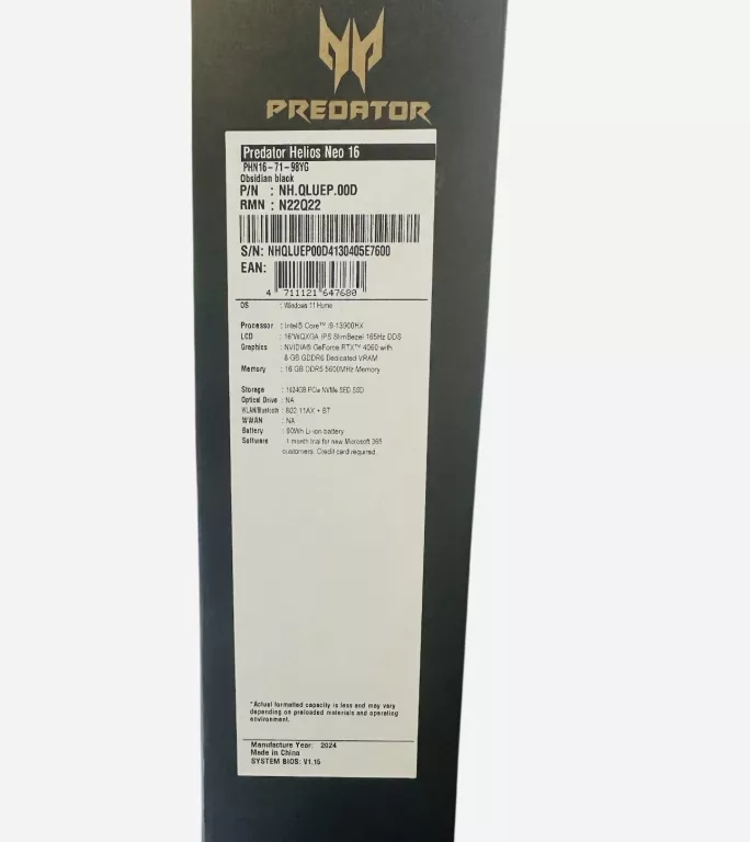 LAPTOP PREDATOR HELIOS NEO PHN16-71 16'' 165HZ I9-13900HX 16GB/1TB RTX4060