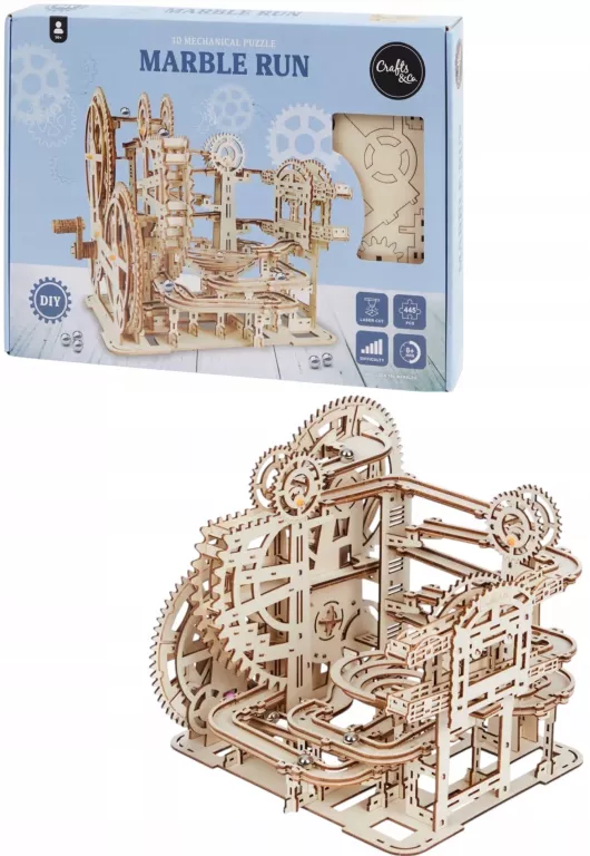 MARBLE RUN WCIĄGNIK STOPNIOWY TOR KULKOWY DREWNIANY PUZZLE 3D DIY