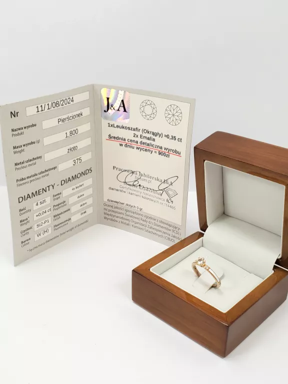ZŁOTY PIERŚCIONEK BRYLANTY LEUKOSZAFIR 0,35 CT 375 R 5 1,81 G