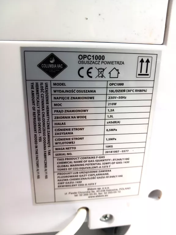 OSUSZACZ POWIETRZA COLUMBIAVAC OPC1000 210W BN