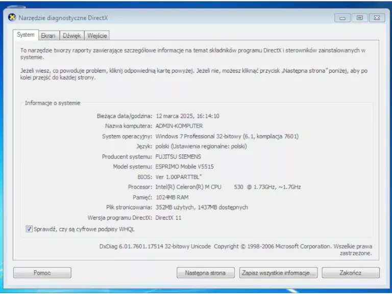 LAPTOP FUJITSU SIEMENS ESPRIMO MOBILE V5515 15,4" CM530 1/80GB WIN 7