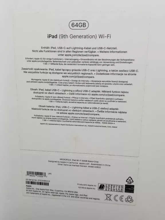 TABLET IPAD APPLE 9 GEN 64 GB/ PUDEŁKO/ ETUI