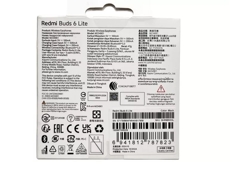 SŁUCHAWKI DOKANAŁOWE XIAOMI REDMI BUDS 6 LITE ANC CZARNE
