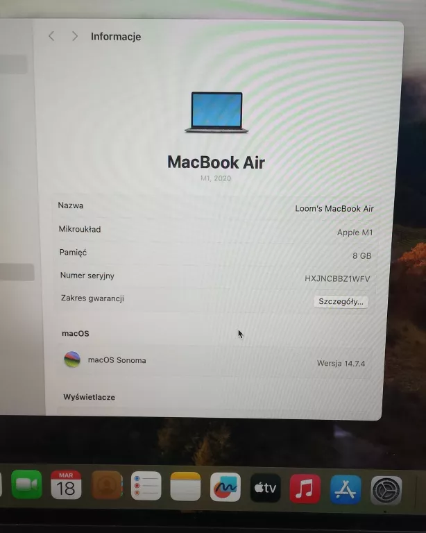 LAPTOP APPLE MACBOOK AIR A2337 M1 2020 13,3" 8/256GB BAT 100%