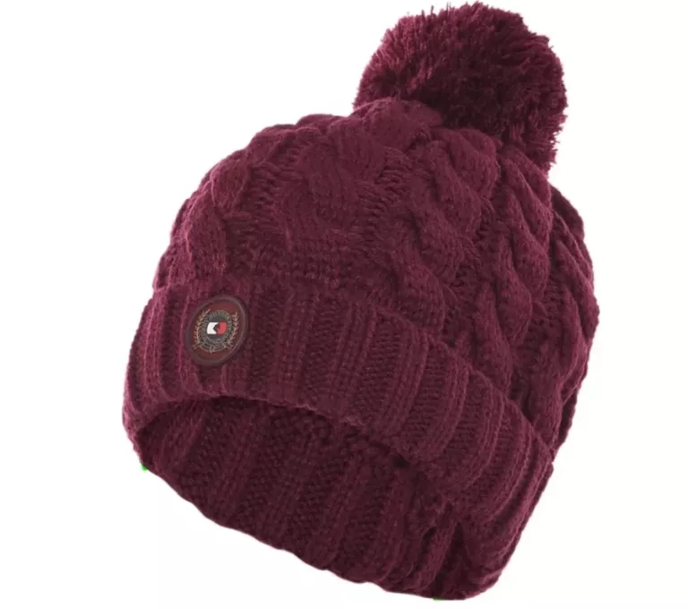 TOMMY HILFIGER CZAPKA DZIANINOWA DAMSKA EQUESTRIAN BORDOWA Z POMPONEM