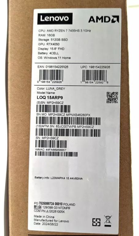 LAPTOP LENOVO LOQ 15AHP9 RYZEN 7 16/512GB KOMPLET JAK NOWY