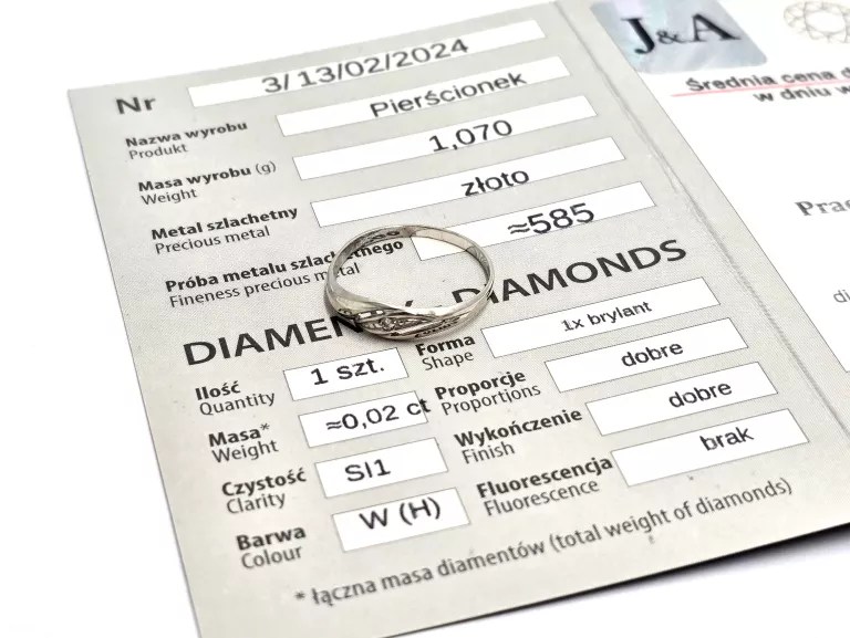 ZŁOTY PIERŚCIONEK BIAŁE ZŁOTO Z DIAMENTEM P.585