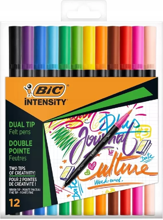PISAKI DWUSTRONNE PĘDZELKOWE 12 SZTUK MIX KOLORÓW BIC INTENSITY DUAL TIP