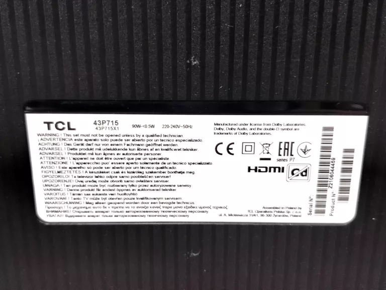 TELEWIZOR LED TCL 43P715 43'' 4K UHD DVB-T2