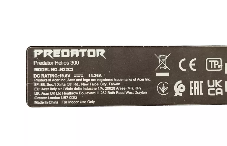 LAPTOP ACER PREDATOR HELIOS 300 N22C3 INTEL I7-12700H/ RTX 3060/ 16/512SSD