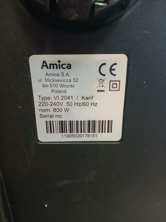 ODKURZACZ BEZWORKOWY AMICA VI 2041 KARIF 800W