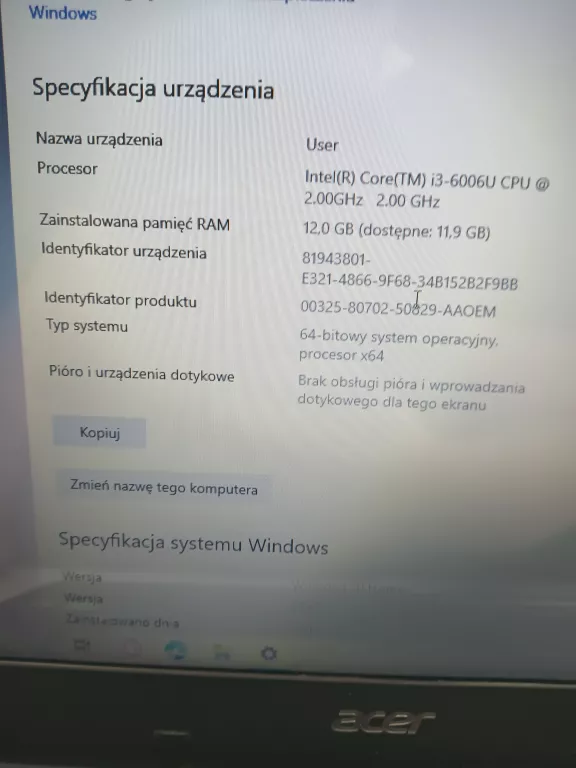 LAPTOP ACER ASPIRE E15 I3 6006U 940MX 12/1000GB