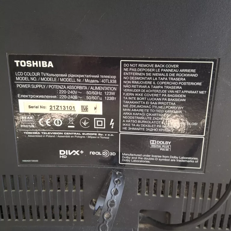 TELEWIZOR TOSHIBA 40TL938 40 CALI + PODSTAWKA + UCHWYTY DO POWIESZENIA