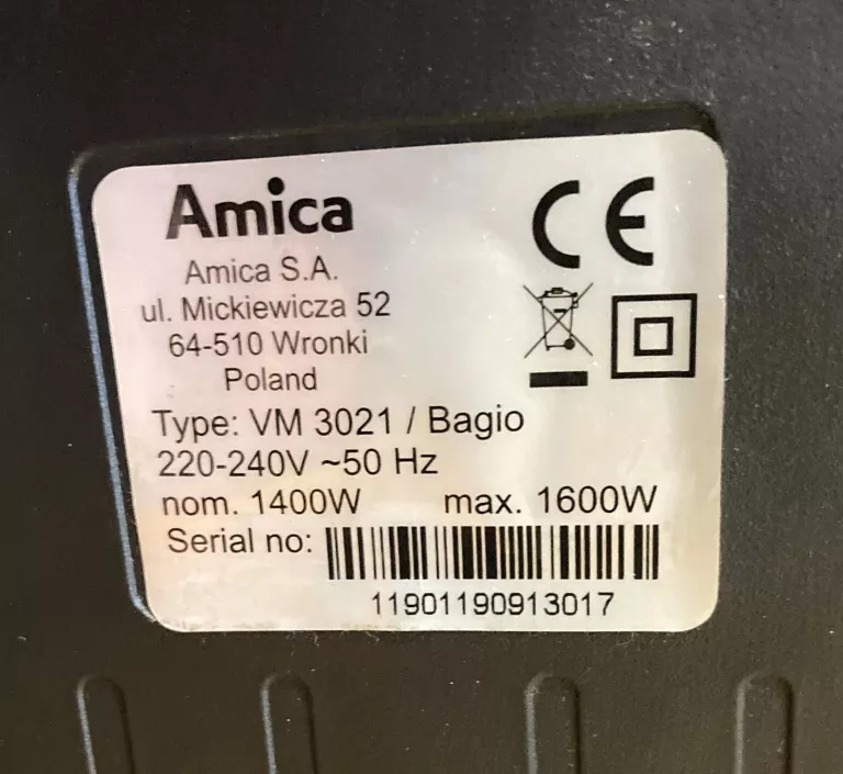 ODKURZACZ AMICA BAGIO VM 3021 1600W!POLECAM