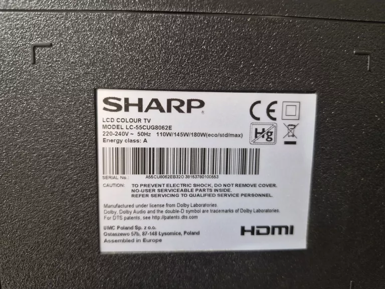 TELEWIZOR SHARP LC55CUG8062 4K UHD | PILOT| KARTON|