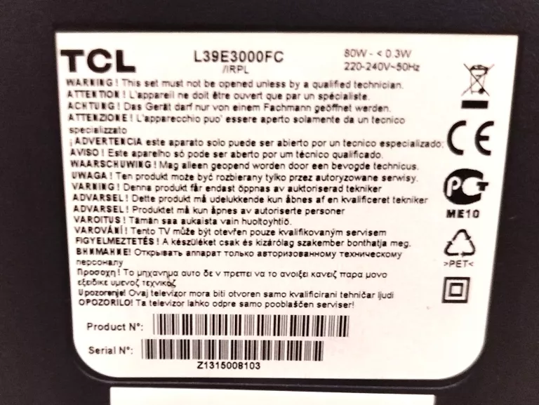 TELEWIZOR TCL L39E3000FC PILOT