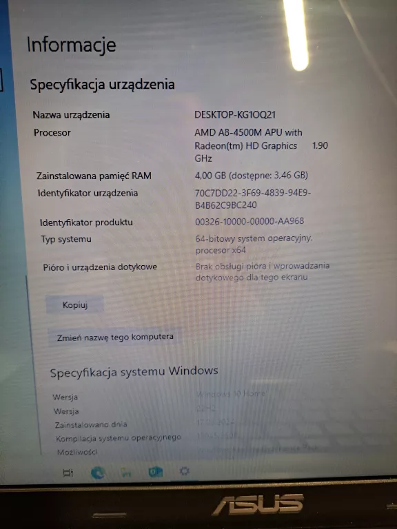 LAPTOP ASUS K55N 4GB/HDD 500GB/AMD-A8 RADEON GRAPHICS/WIN10
