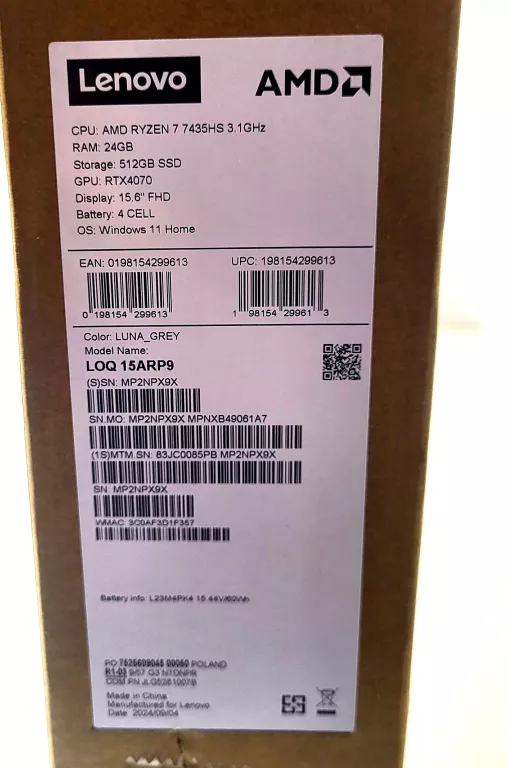 LAPTOP LENOVO LOQ 15ARP9